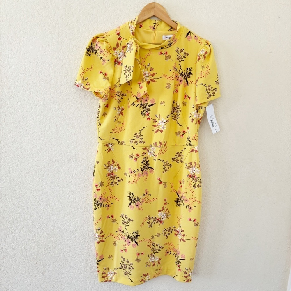 Liz Claiborne Sheath Dress 12 Yellow Passion Floral Bow Neck Puff Sleeve NWT